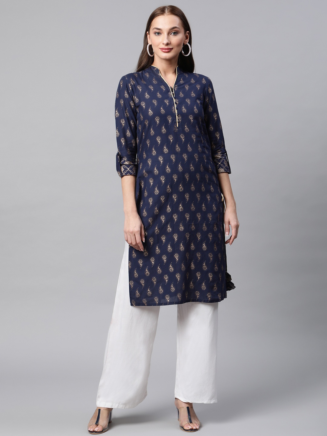 

IRIDAA JAIPUR Women Navy Blue & Gold-Toned Ethnic Motifs Printed Kurta