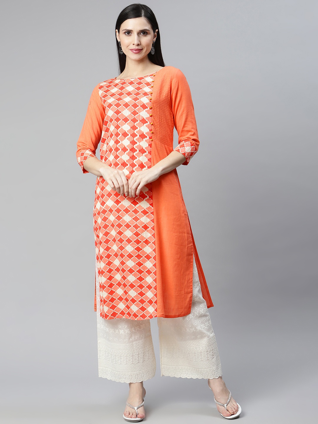 

IRIDAA JAIPUR Peach-Coloured Geometric Printed Kurta