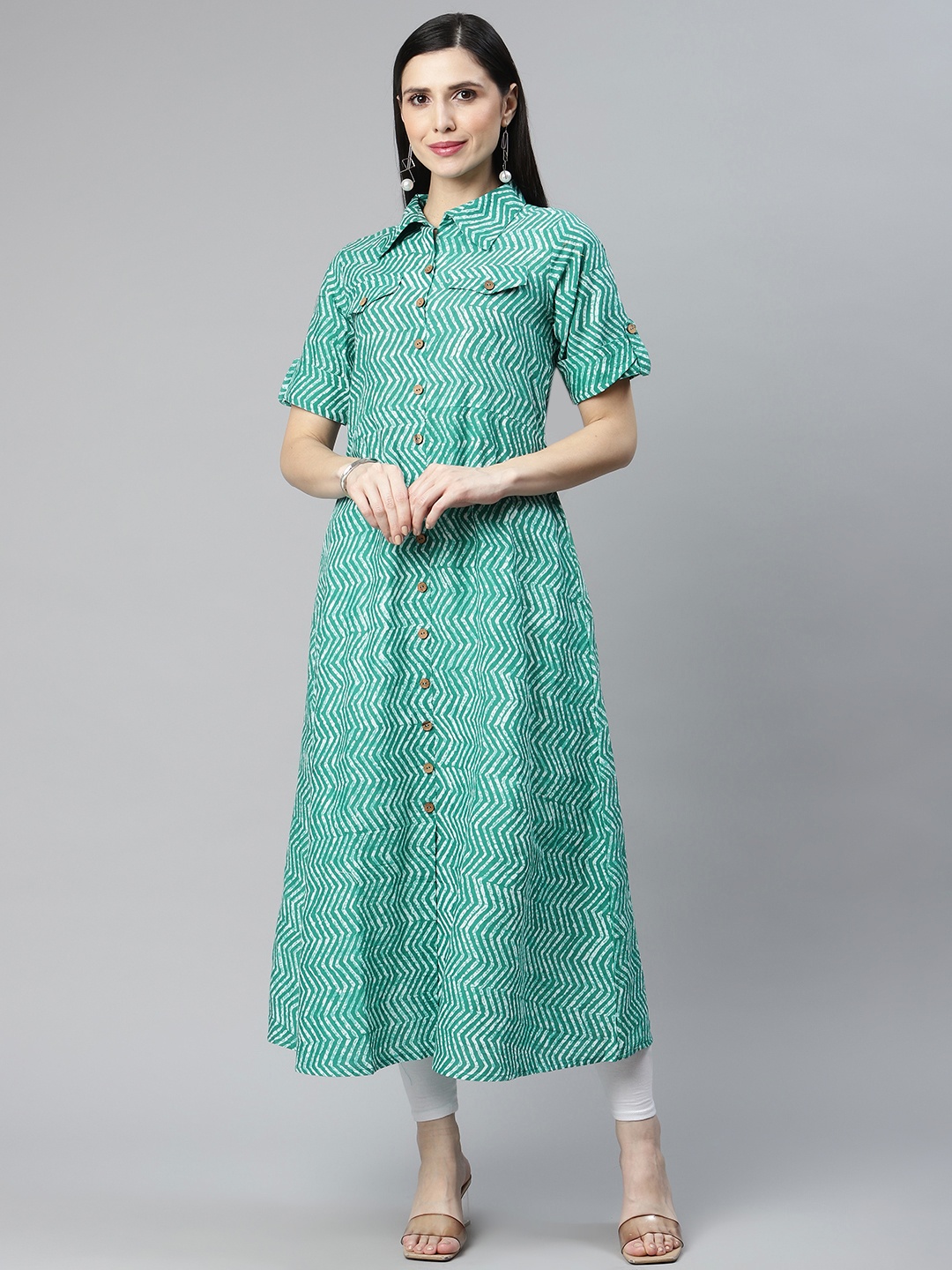 

IRIDAA JAIPUR Green Chevron Printed A-Line Kurta