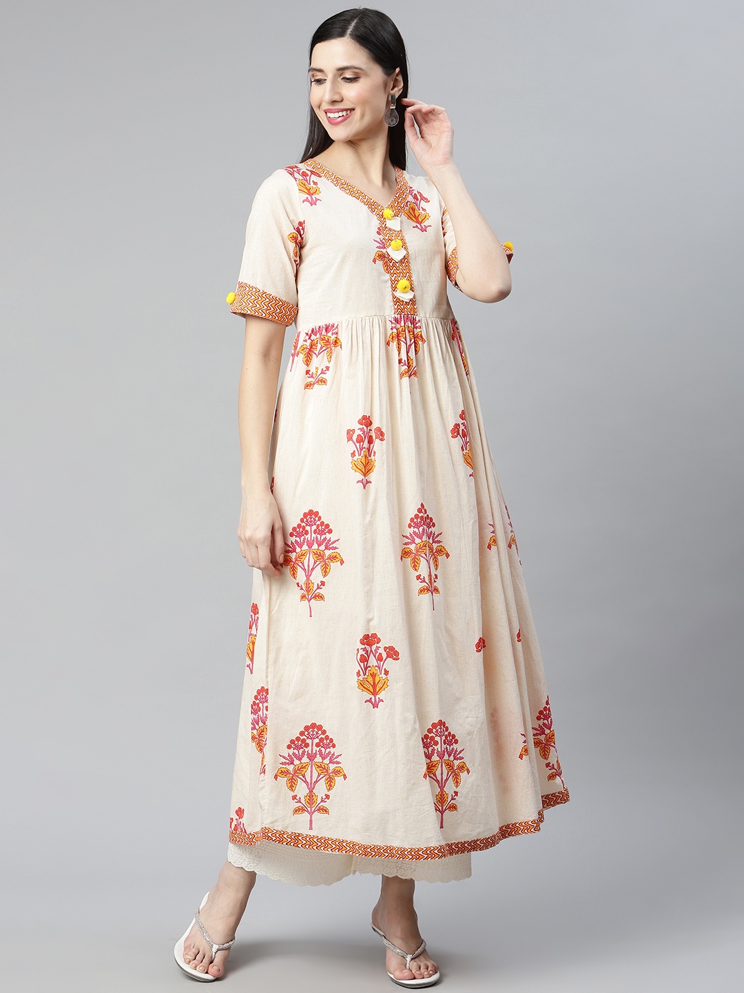 

IRIDAA JAIPUR White & Pink Ethnic Motifs Printed Anarkali Kurta