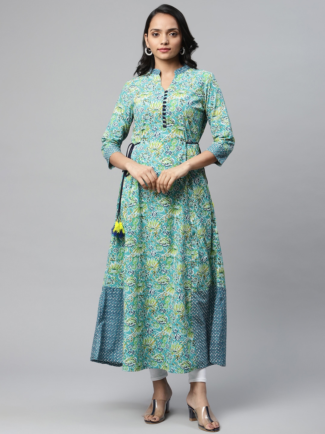 

IRIDAA JAIPUR Women Blue & Yellow Floral Printed Anarkali Kurta