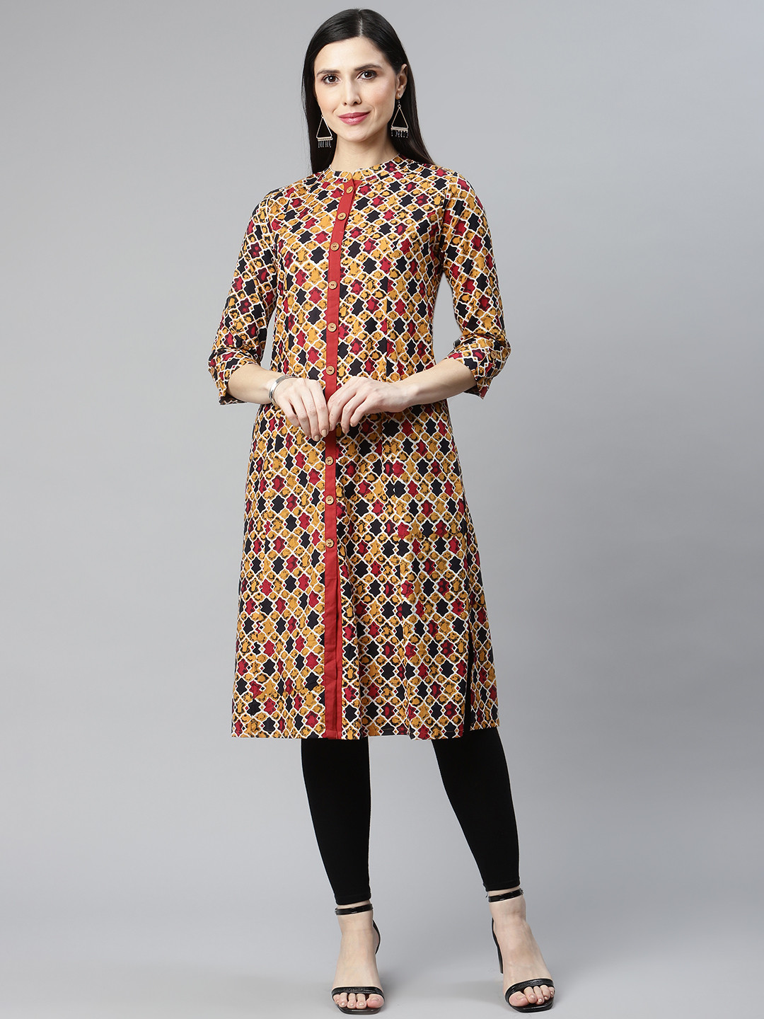 

IRIDAA JAIPUR Mustard Yellow Geometric Printed A-Line Kurta