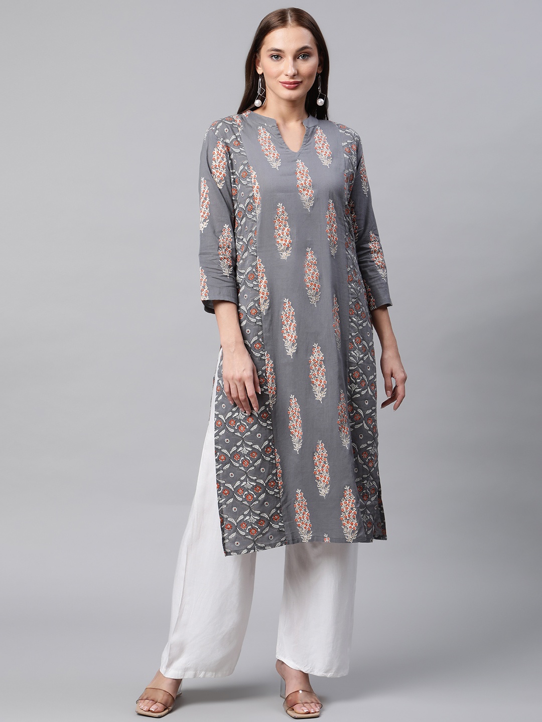 

IRIDAA JAIPUR Women Grey & Orange Ethnic Motifs Printed Kurta