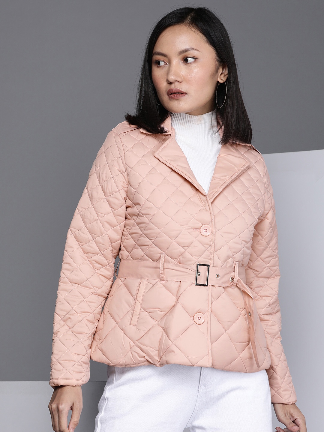 

Kenneth Cole Women Pink Quilted Tailored Jacket With Belt