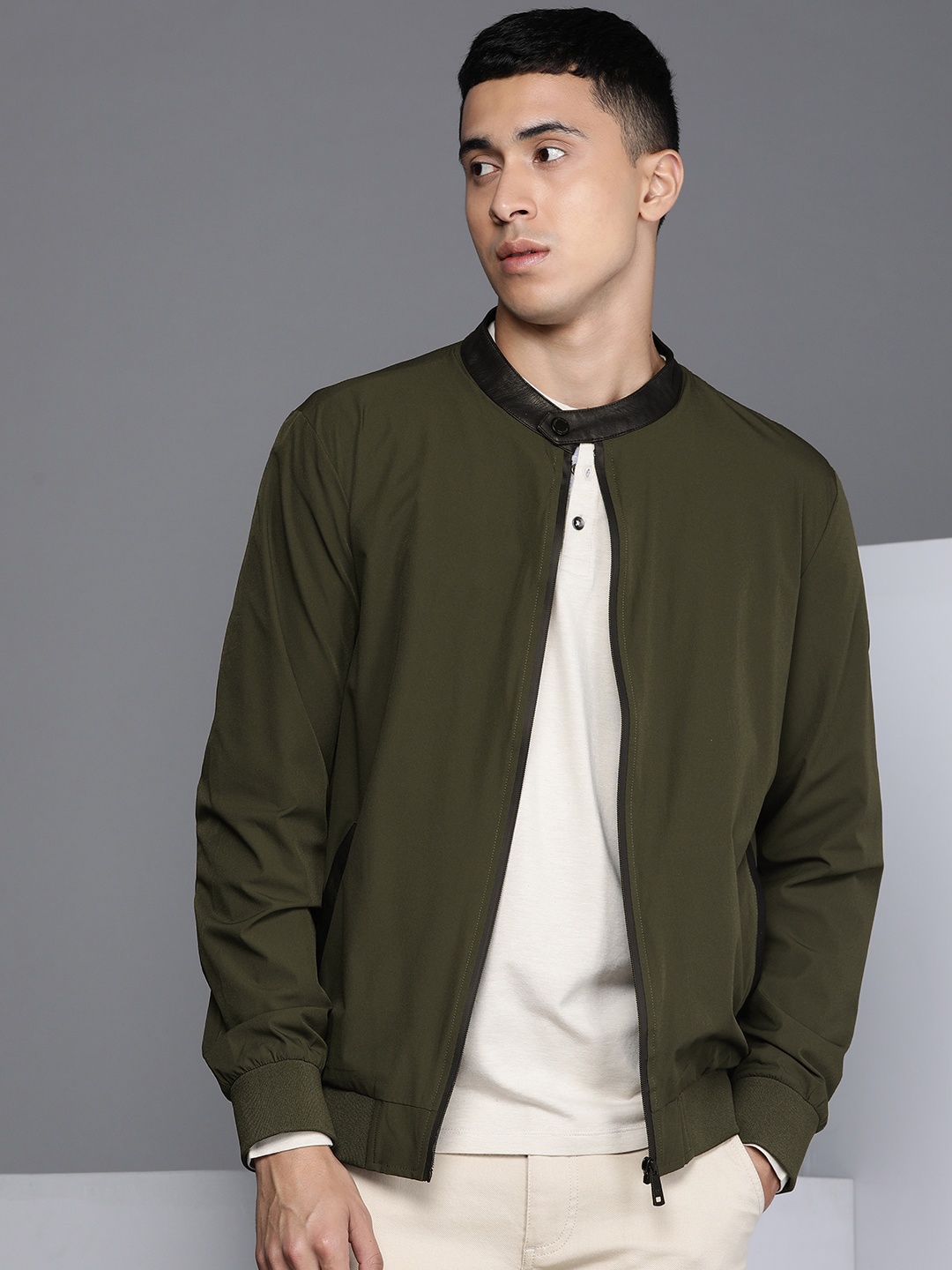 

Kenneth Cole Fusion Men Olive Green Solid Bomber Jacket
