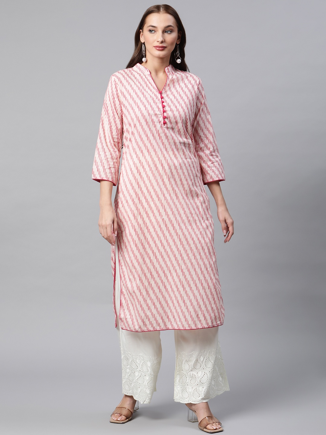 

IRIDAA JAIPUR Women Pink & White Pure Cotton Leheriya Print Kurta