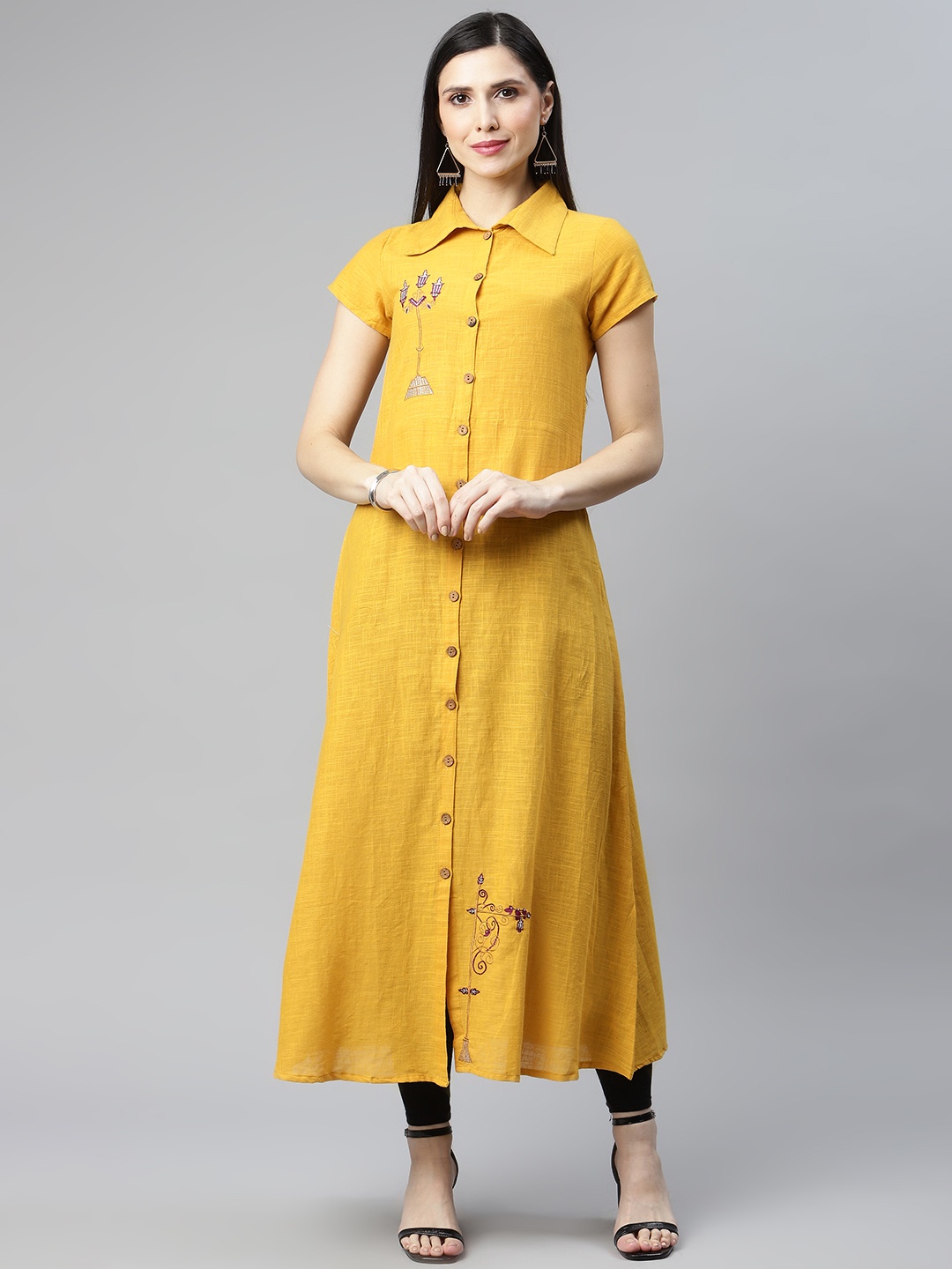 

IRIDAA JAIPUR Mustard Yellow Floral Embroidered Thread Work A-Line Kurta