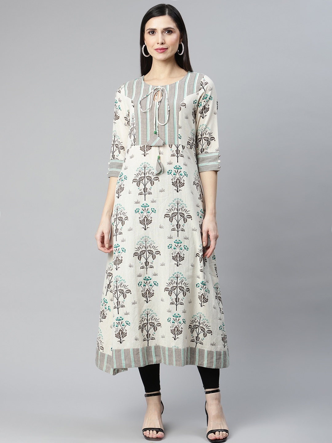 

IRIDAA JAIPUR Green & Grey Floral Printed Keyhole Neck Floral Kurta