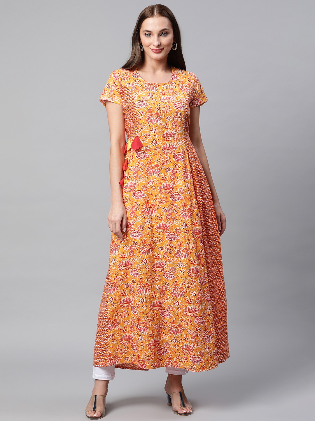 

IRIDAA JAIPUR Women Orange & Pink Pure Cotton Floral Print Kurta