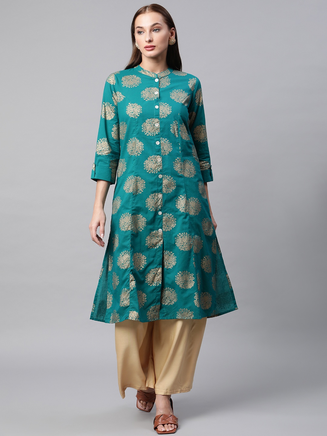 

IRIDAA JAIPUR Women Green & Golden Pure Cotton Block Print Kurta