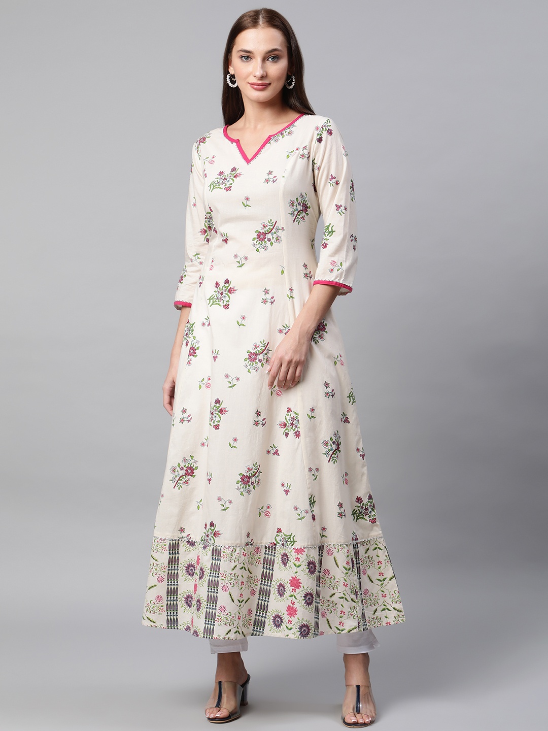 

IRIDAA JAIPUR Women White & Green Pure Cotton Floral Print Kurta