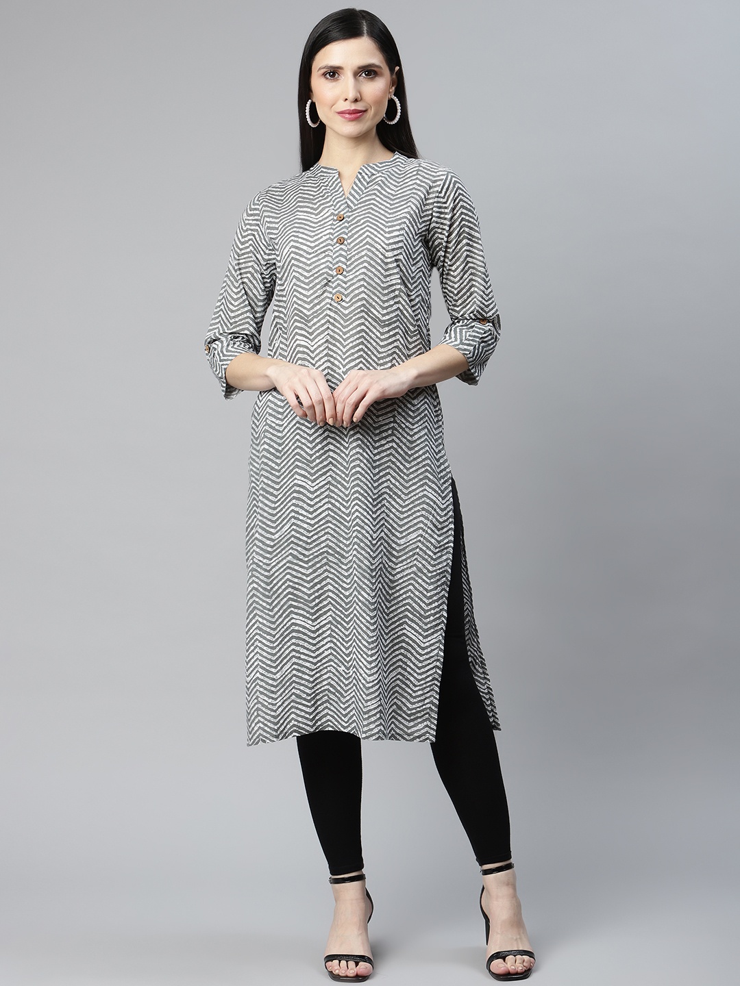 

IRIDAA JAIPUR Grey Chevron Printed Kurta