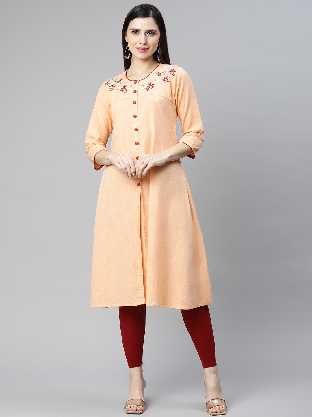 

IRIDAA JAIPUR Peach-Coloured Floral Embroidered Kurta