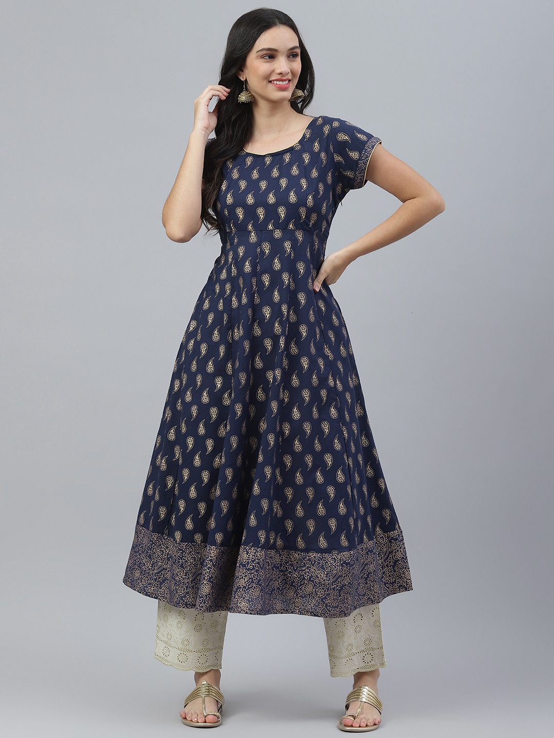 

IRIDAA JAIPUR Women Blue & Beige Paisley Printed Anarkali Kurta