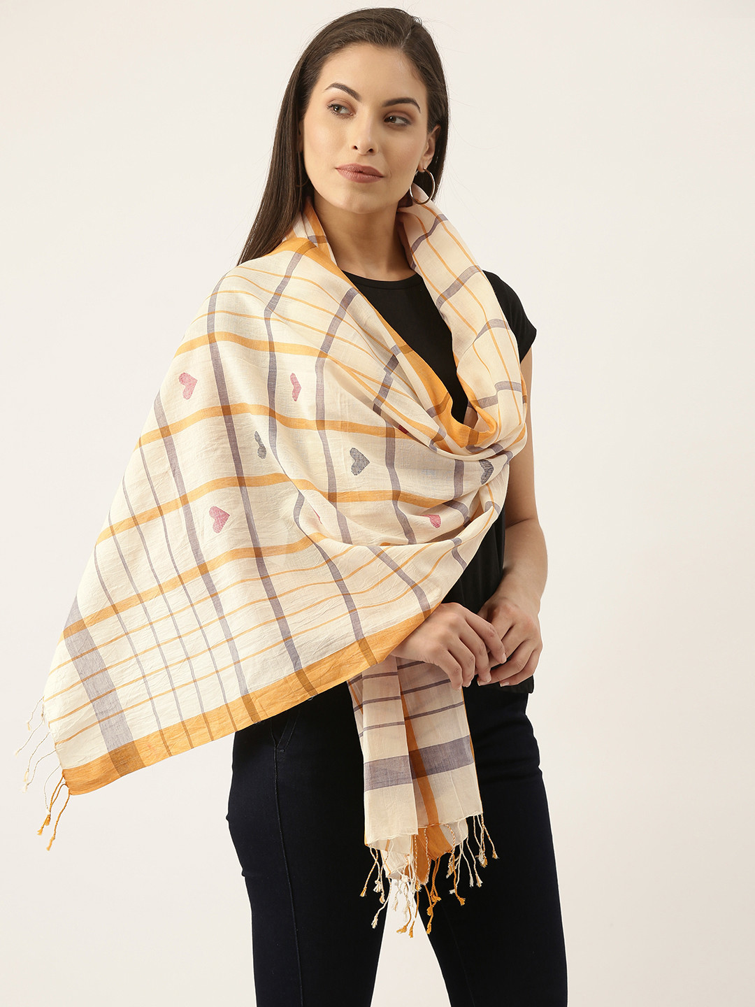 

ArtEastri Women Off White & Mustard Striped Jamdani Stole