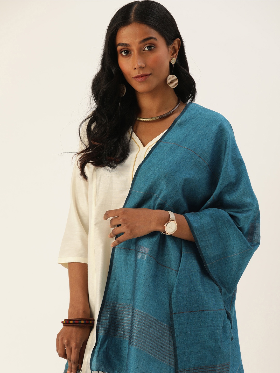 

ArtEastri Women Blue & Silver-Toned Woven Design Jamdani Cotton Stole