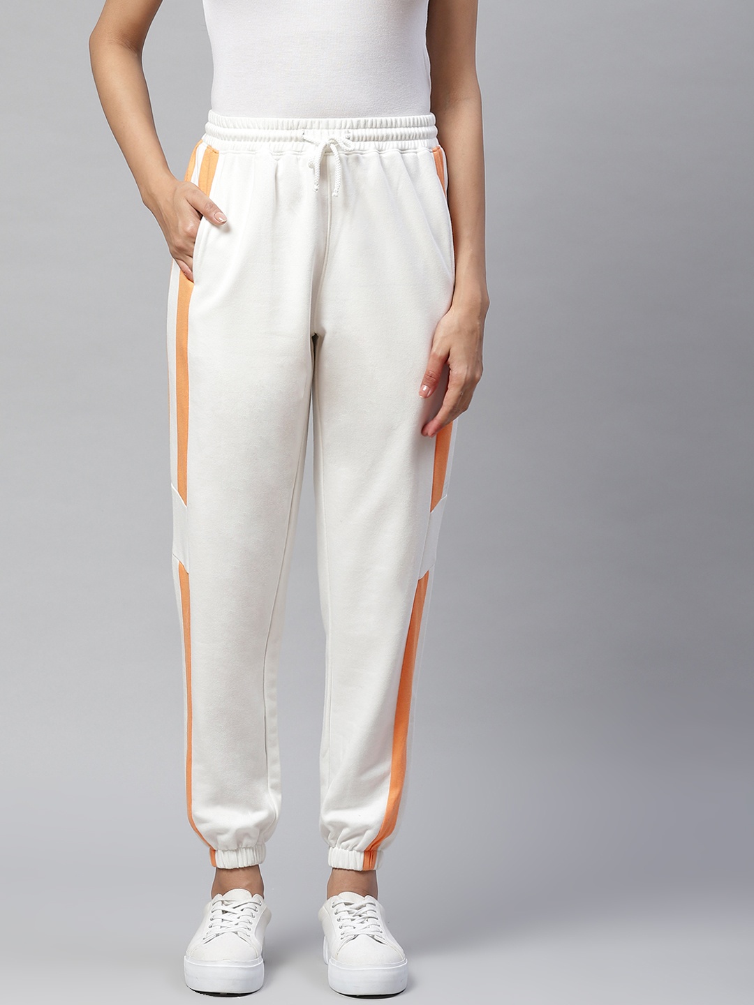 

Laabha Women Off-White & Orange Side Stripe Design Joggers