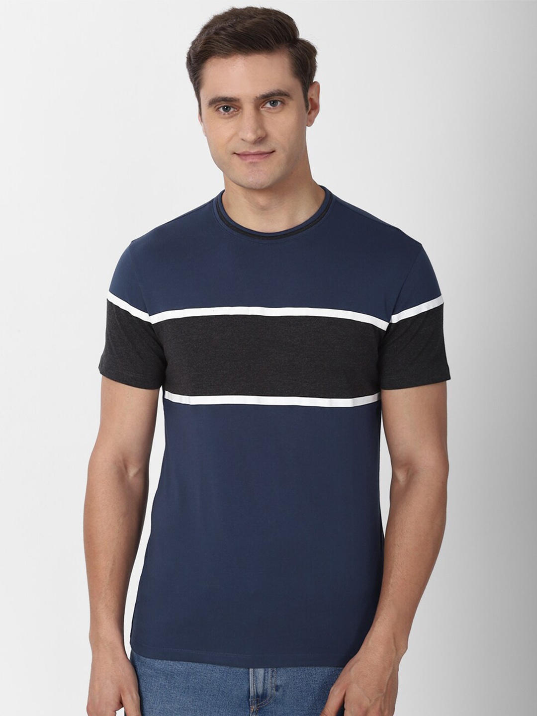 

Peter England Casuals Men Navy Blue & Black Colourblocked 100% Cotton Slim Fit T-shirt