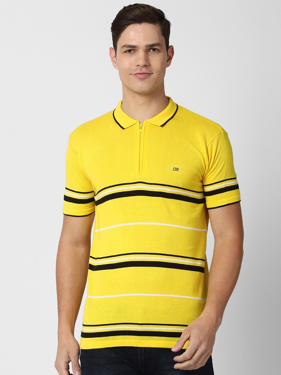 

Peter England Casuals Men Yellow & Black Striped Polo Collar Slim Fit T-shirt