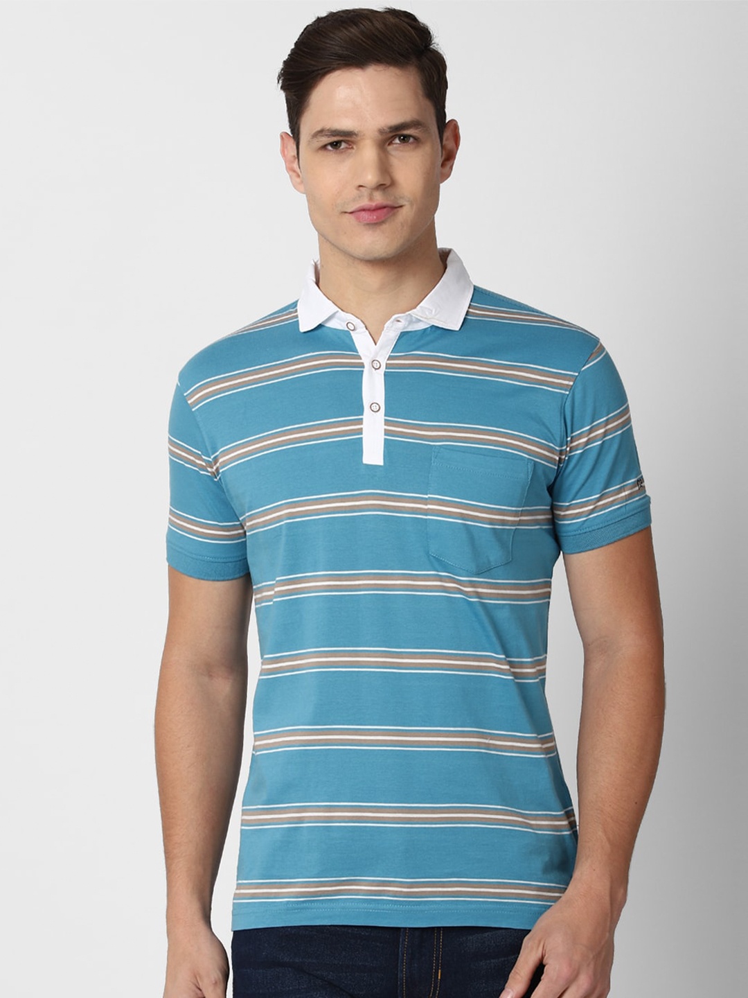 

Peter England Casuals Men Blue Striped Polo Collar Slim Fit T-shirt