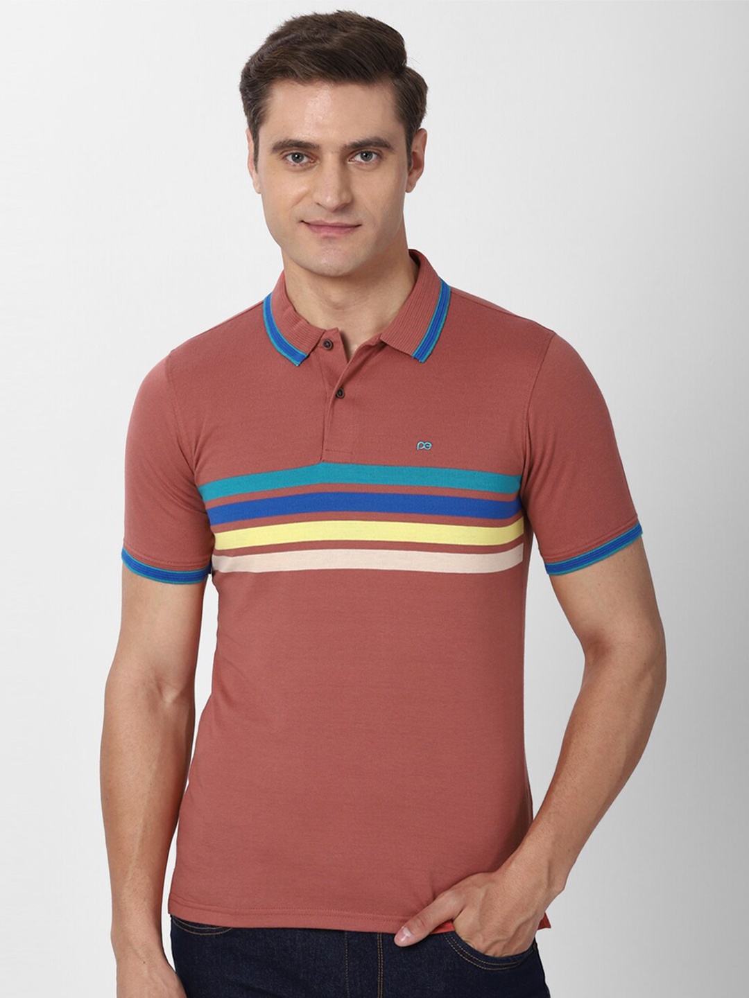 

Peter England Casuals Men Rust Striped Polo Collar T-shirt