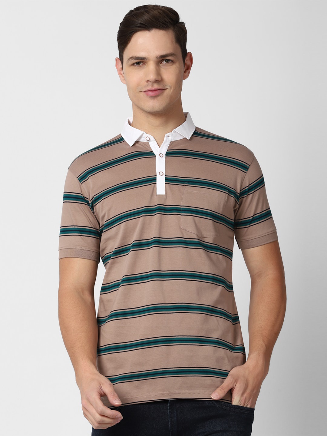 

Peter England Casuals Men Beige Striped Polo Collar Slim Fit Cotton T-shirt