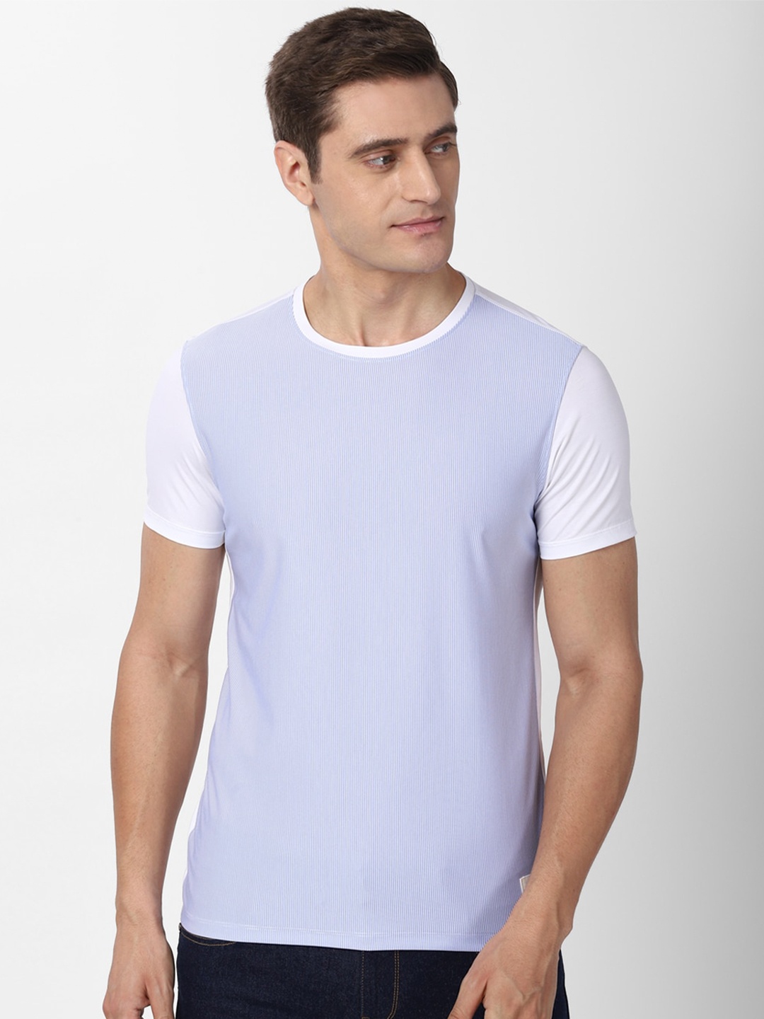 

Peter England Casuals Men Blue & White Striped Slim Fit T-shirt