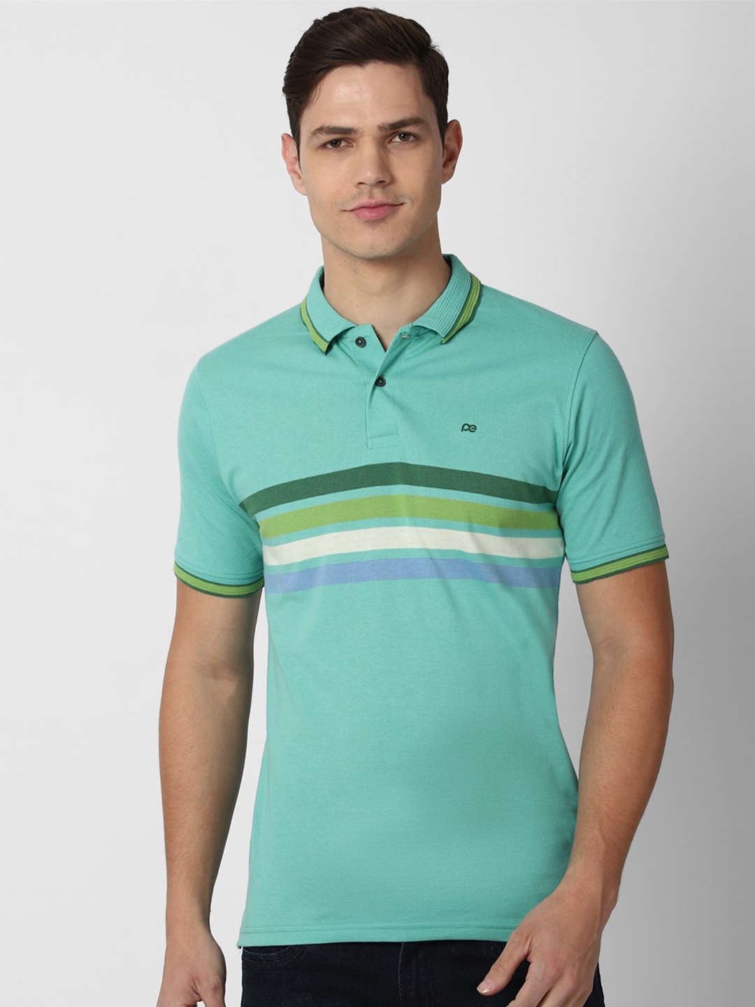 

Peter England Casuals Men Green Striped Polo Collar T-shirt