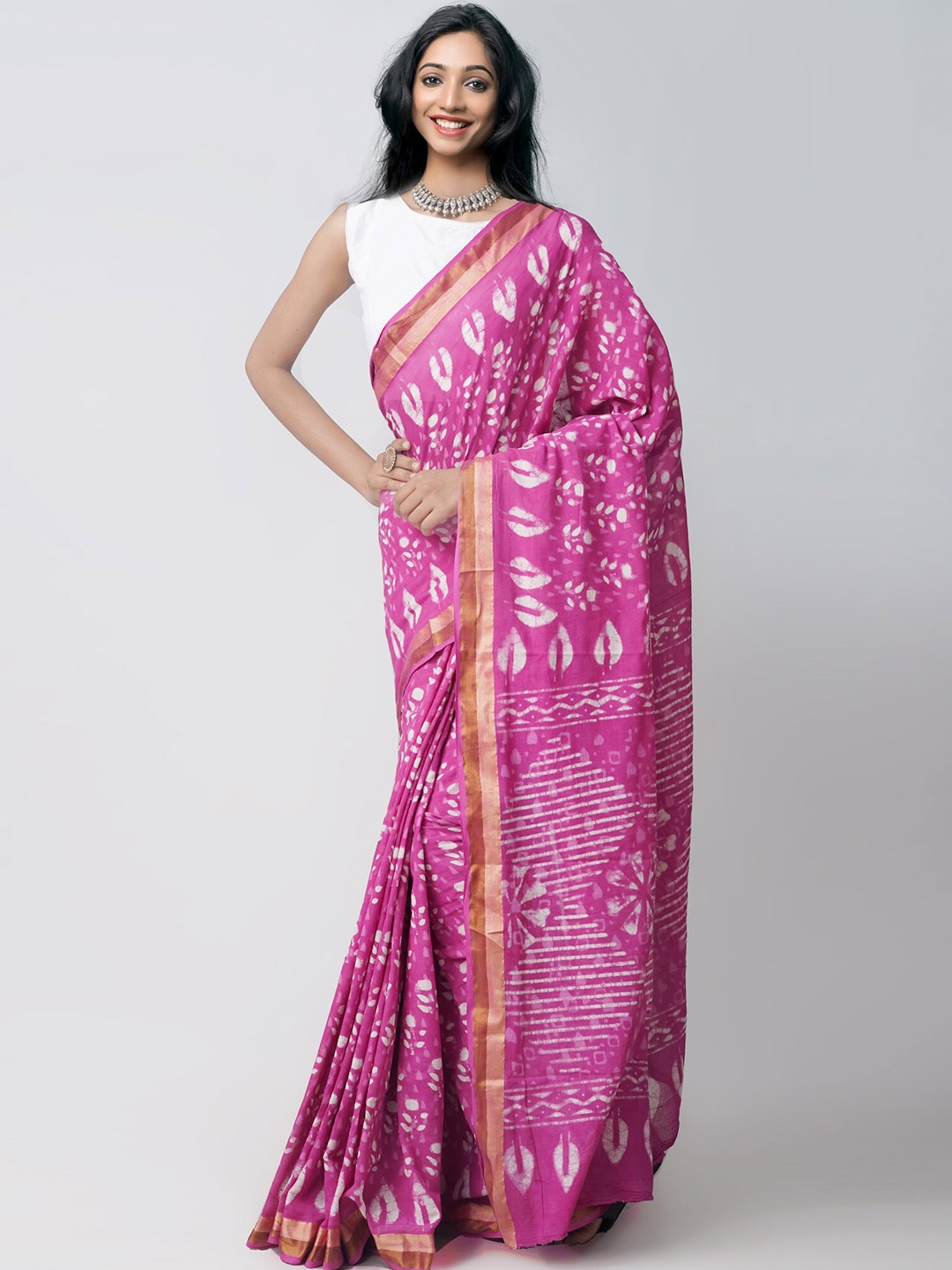 

Unnati Silks Pink & White Dabu Zari Handloom Sustainable Pure Cotton Dabu Saree