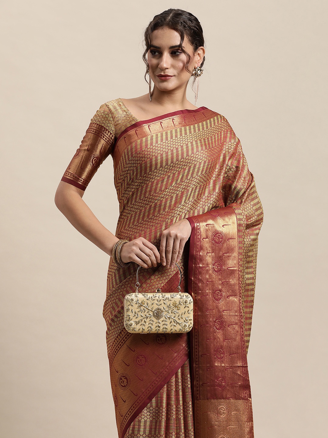 

awesome Maroon & Gold-Toned Ethnic Motifs Pure Cotton Saree