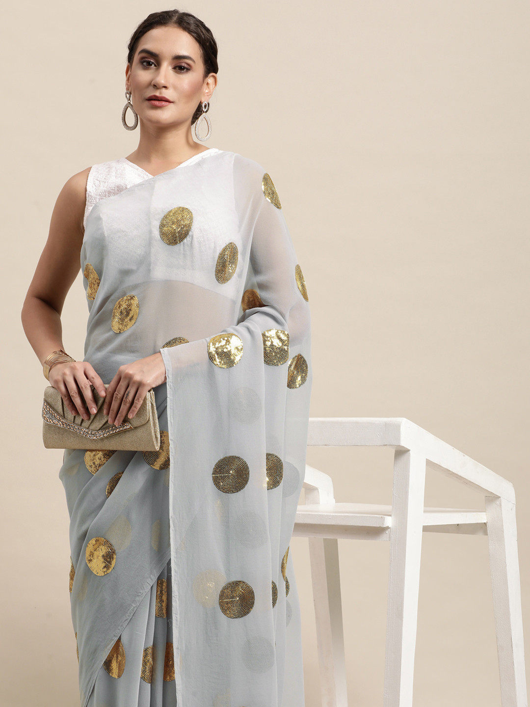 

awesome Grey Sequinned Pure Georgette Saree
