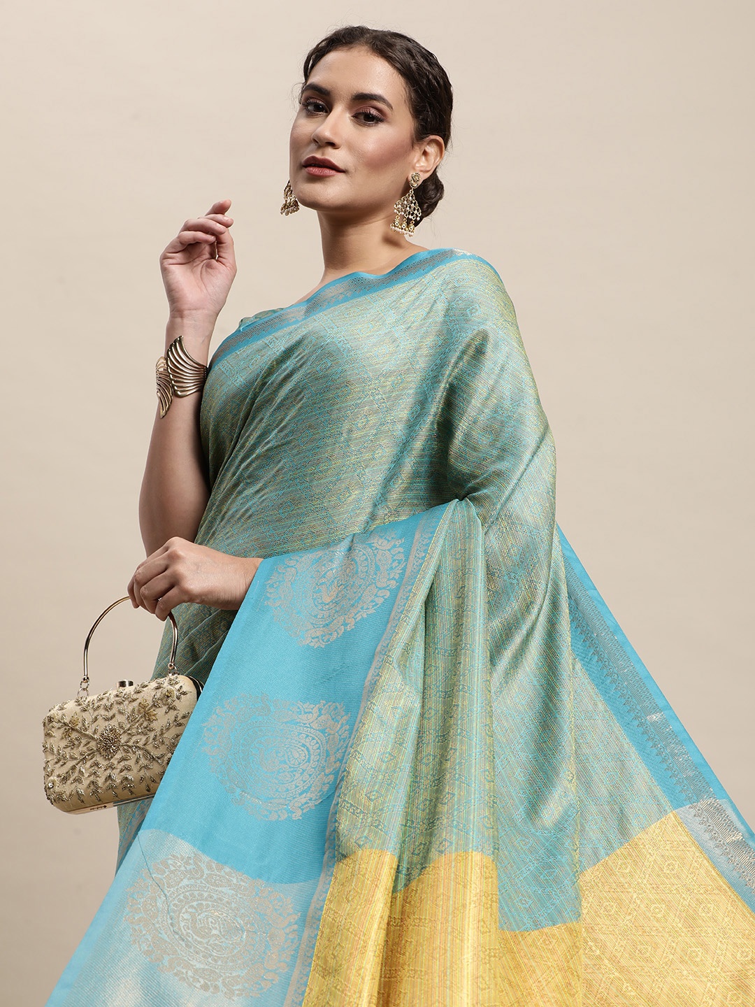 

awesome Turquoise Blue Ethnic Motifs Pure Cotton Saree