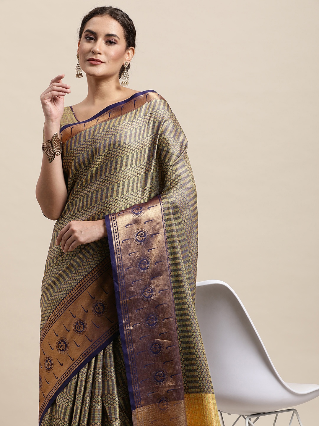 

awesome Navy Blue Ethnic Motifs Pure Cotton Saree