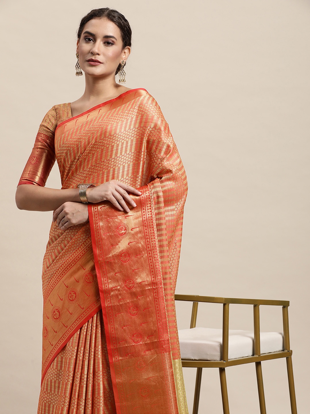 

awesome Red & Gold-Toned Ethnic Motifs Pure Cotton Saree