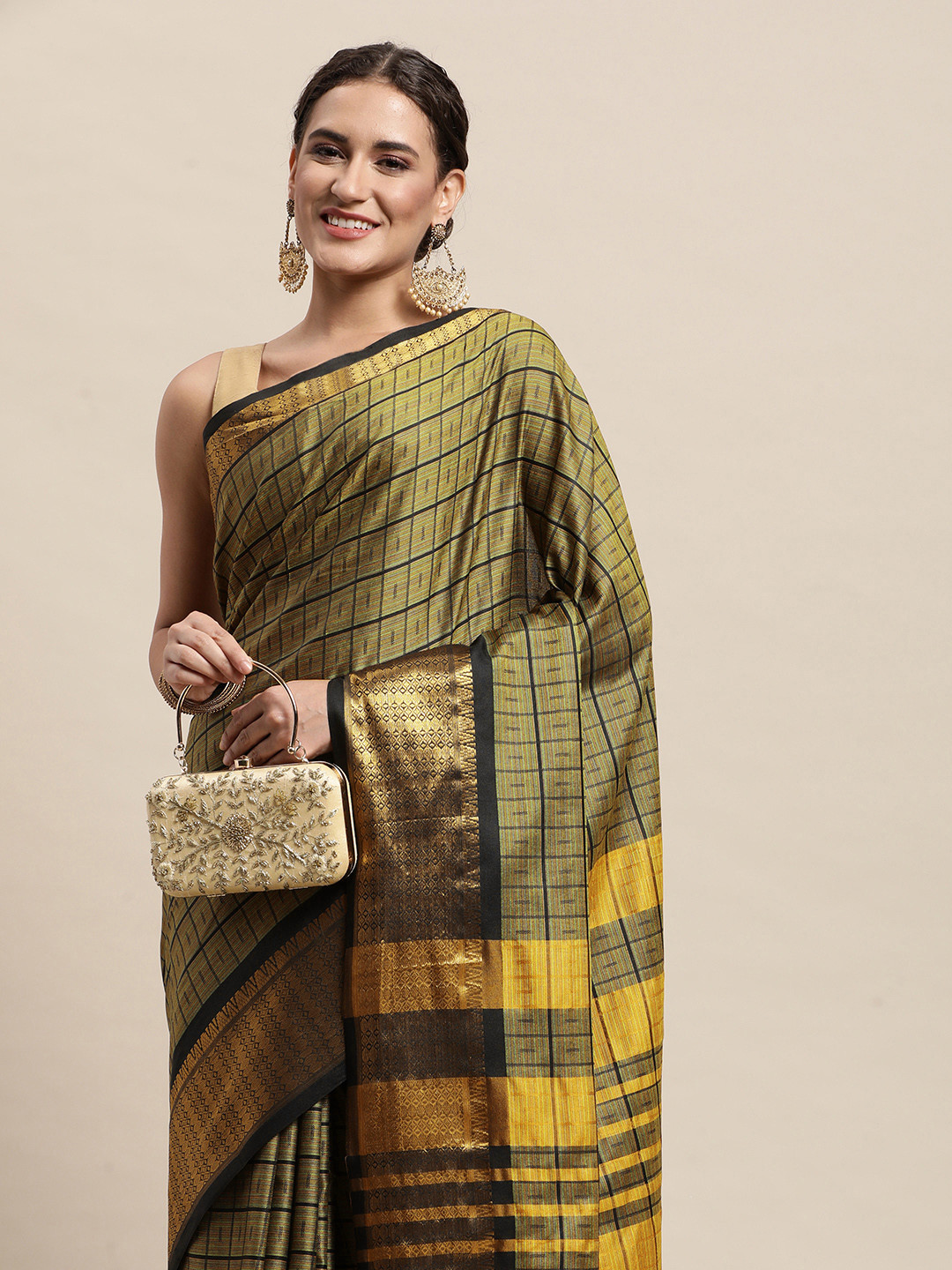 

awesome Golden & Black Checked Pure Cotton Saree, Gold