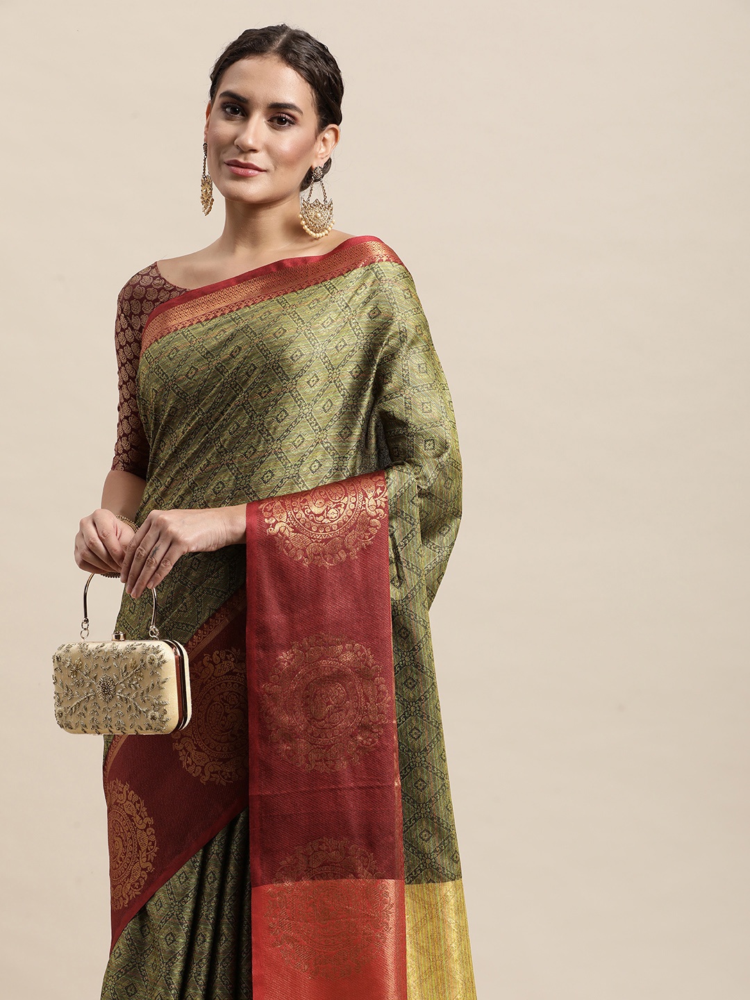 

awesome Maroon & Green Ethnic Motifs Pure Cotton Saree