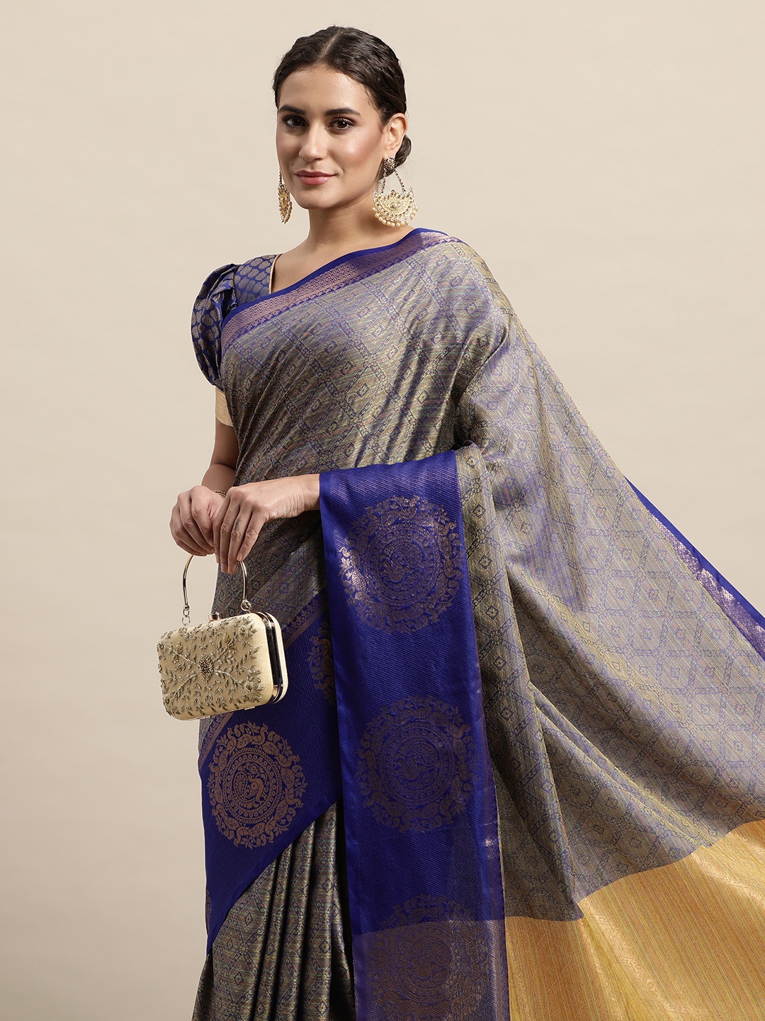 

awesome Navy Blue & Golden Ethnic Motifs Pure Cotton Saree
