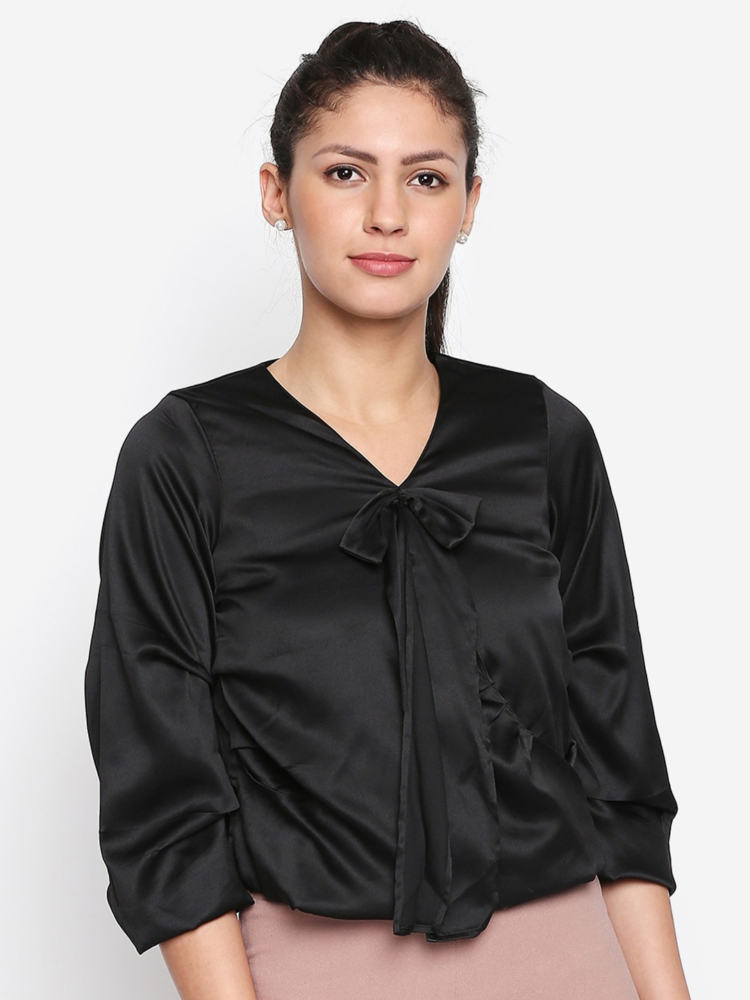 

aaliya Black Bow Collar Satin Top