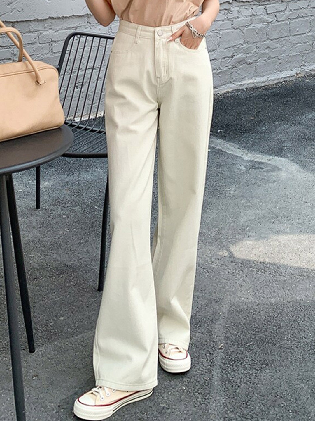 

BoStreet Women Cream-Coloured Wide Leg High-Rise Jeans