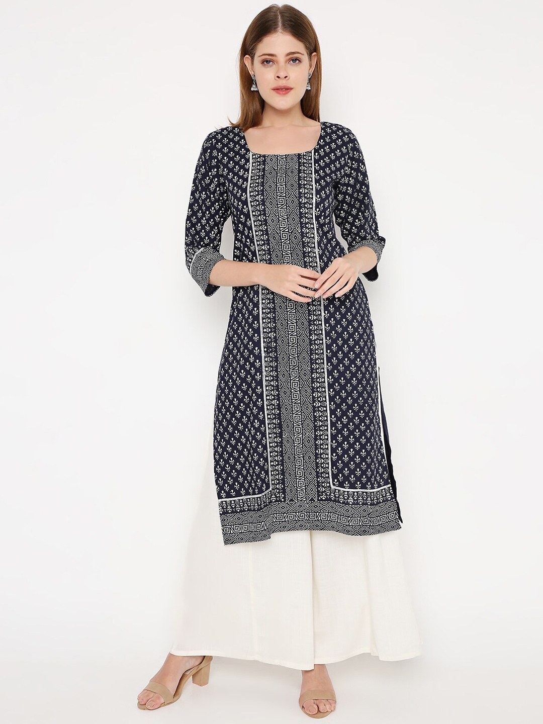 

Peppertree Women Navy Blue Ethnic Motifs Printed Mirror Work Kurta