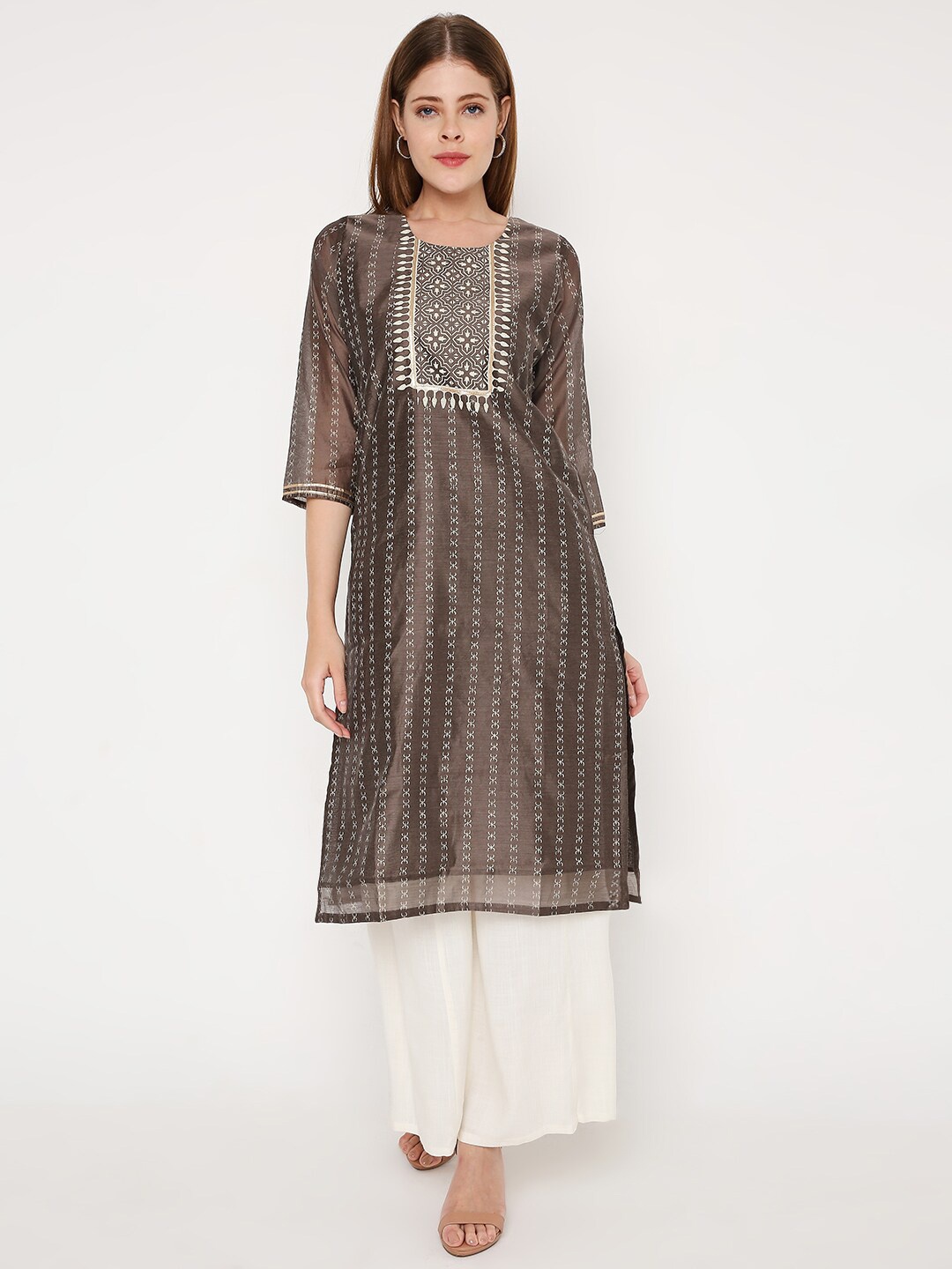 

Peppertree Women Grey Ethnic Motifs Printed Thread Work Kurta