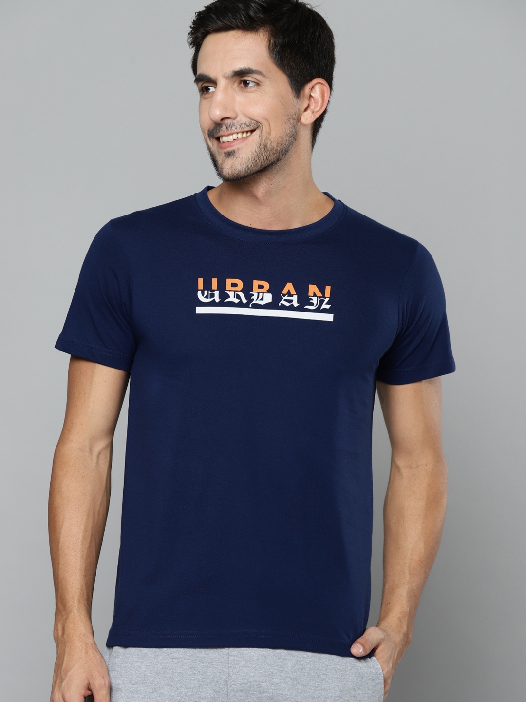 

HERE&NOW Men Navy Blue Typography Printed T-shirt