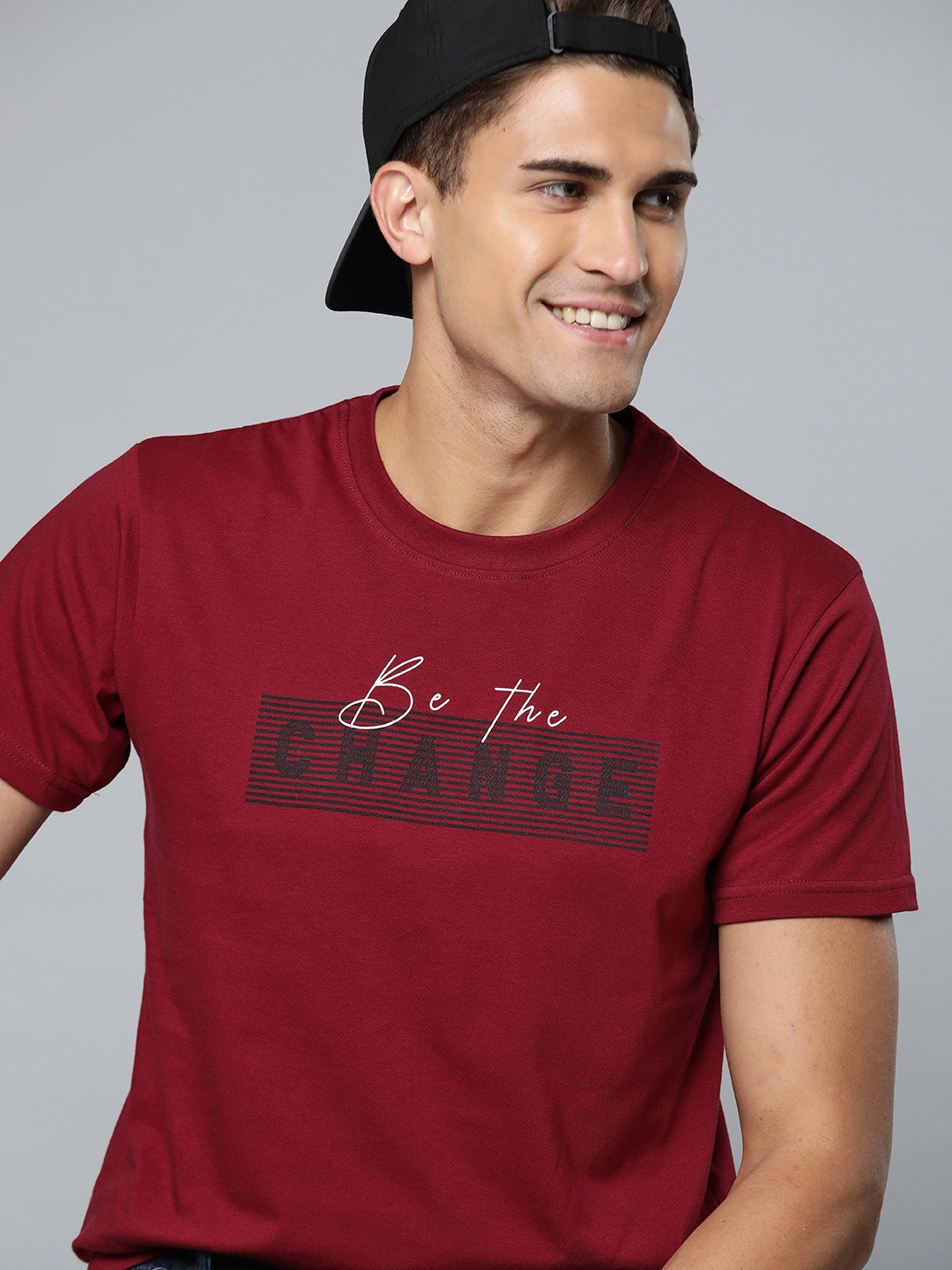 

HERE&NOW Men Maroon & Black Typography Printed T-shirt