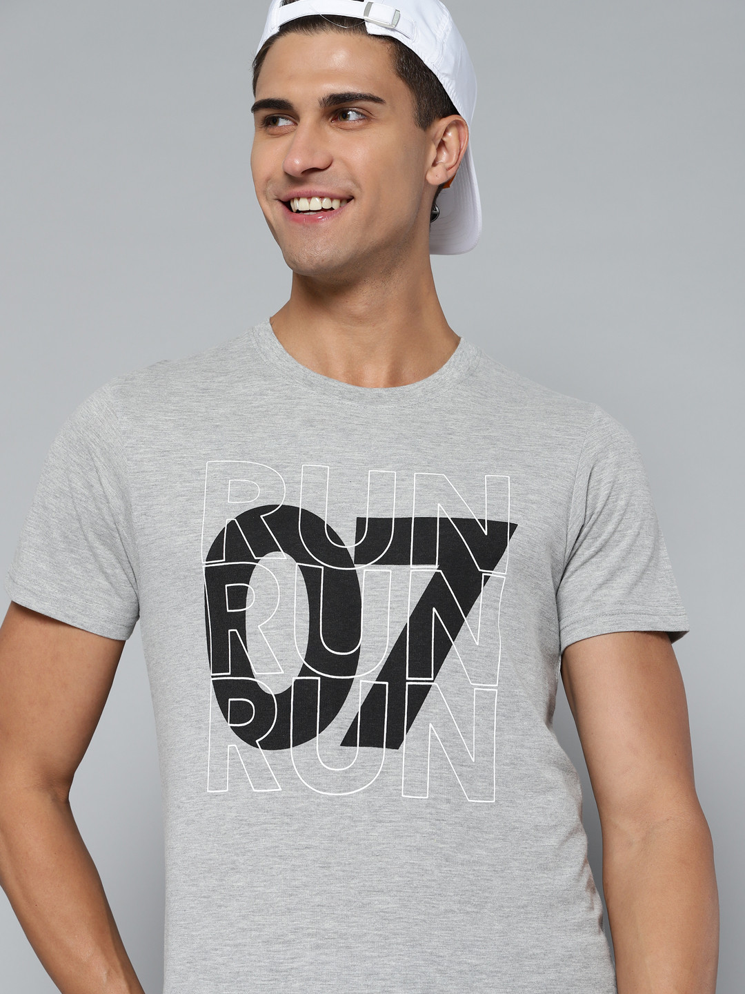 

HERE&NOW Men Grey Melange & Black Typographic Printed T-shirt