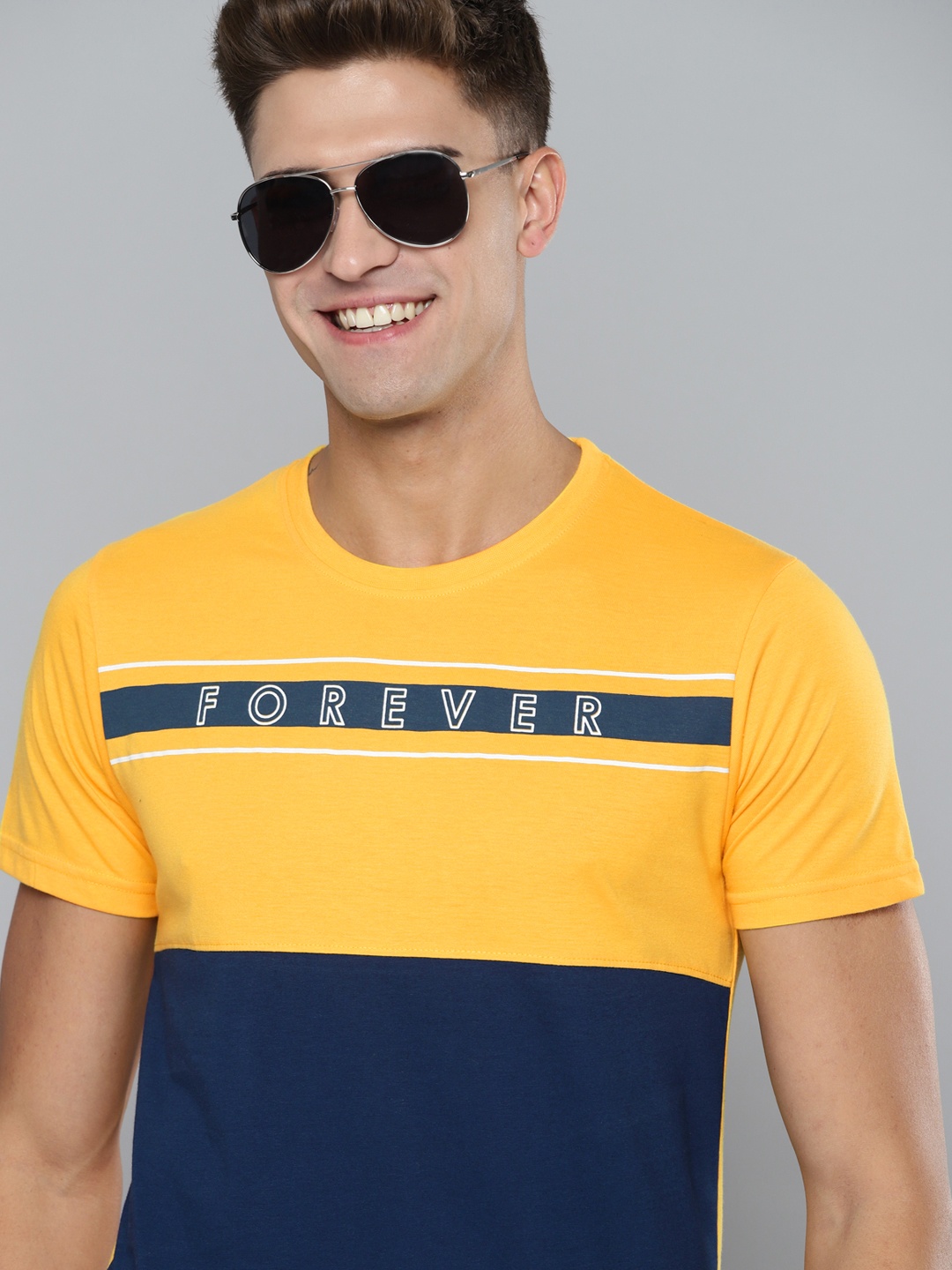 

HERE&NOW Men Mustard Yellow & Navy Blue Colourblocked T-shirt