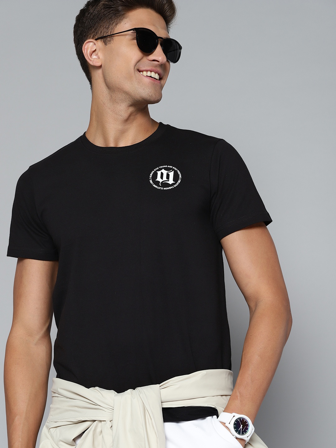 

HERE&NOW Men Black Brand Logo T-shirt