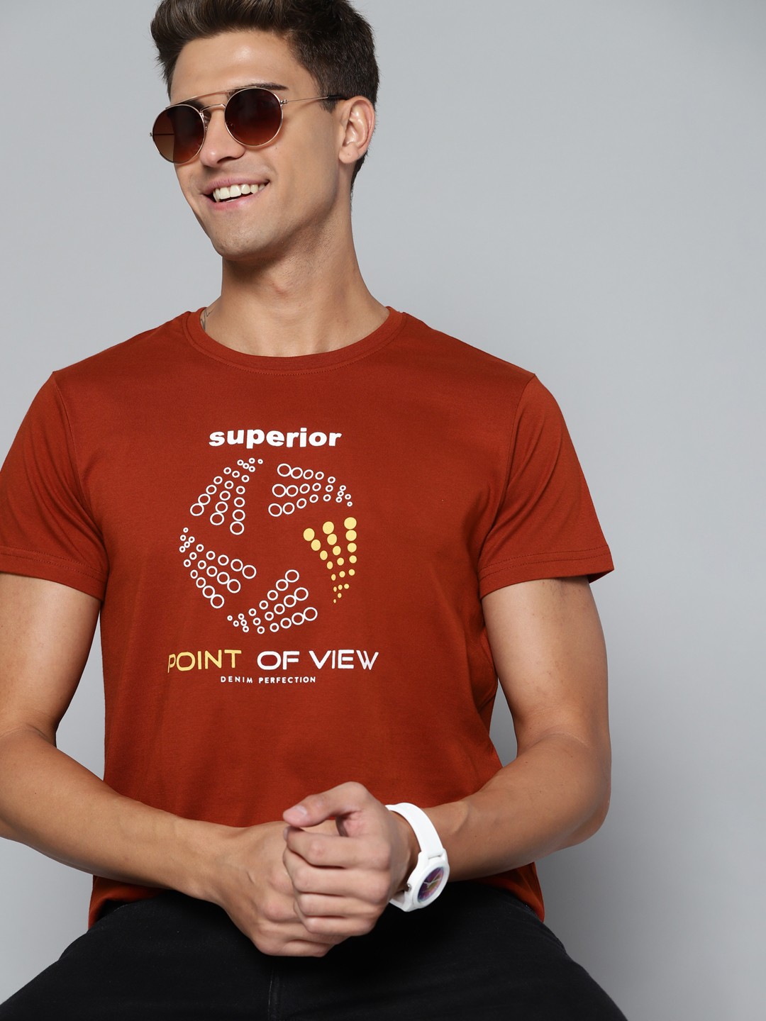 

HERE&NOW Men Rust Brown & White Printed T-shirt