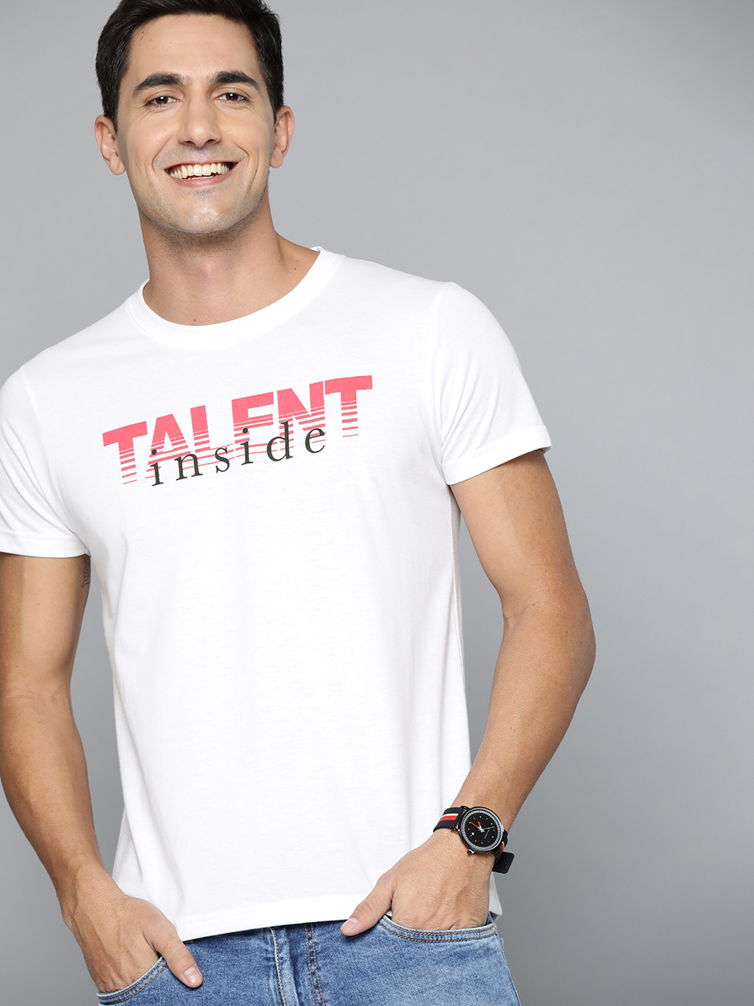

HERE&NOW Men White & Pink Typography Printed T-shirt