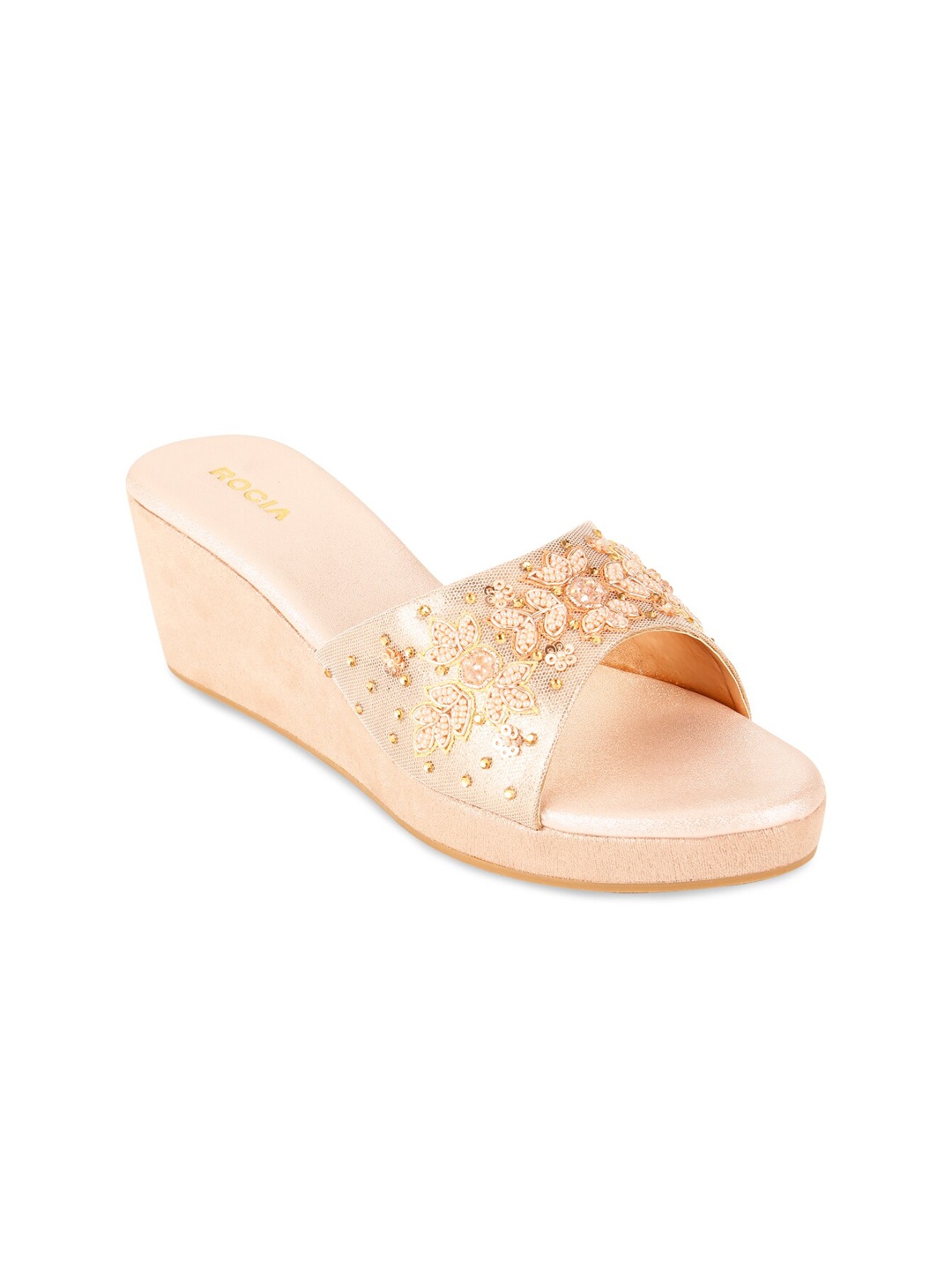 

Rocia Rose Women Gold Embellished Wedge Sandals, Rose gold