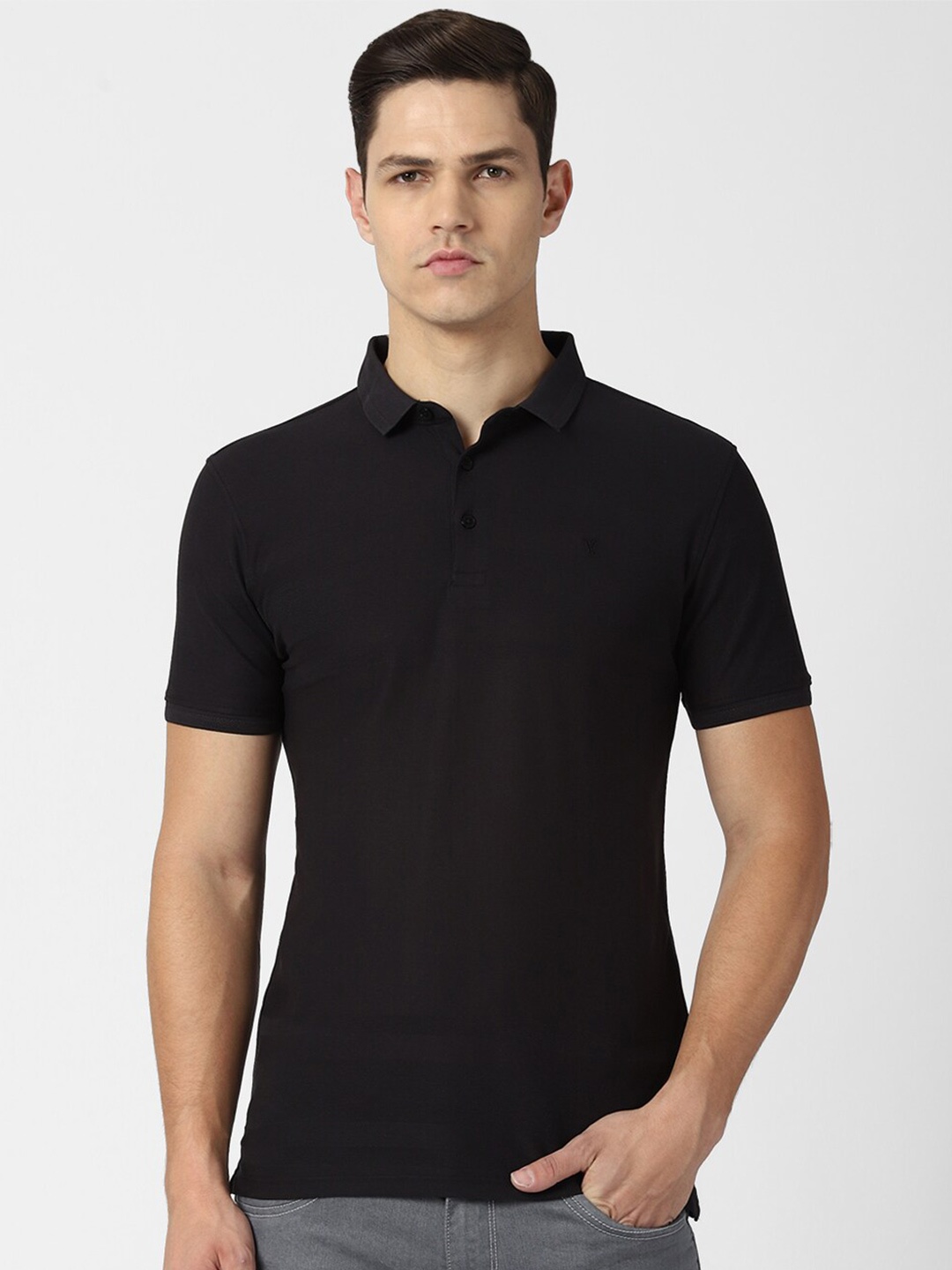 

V Dot Men Black Polo Collar Slim Fit T-shirt